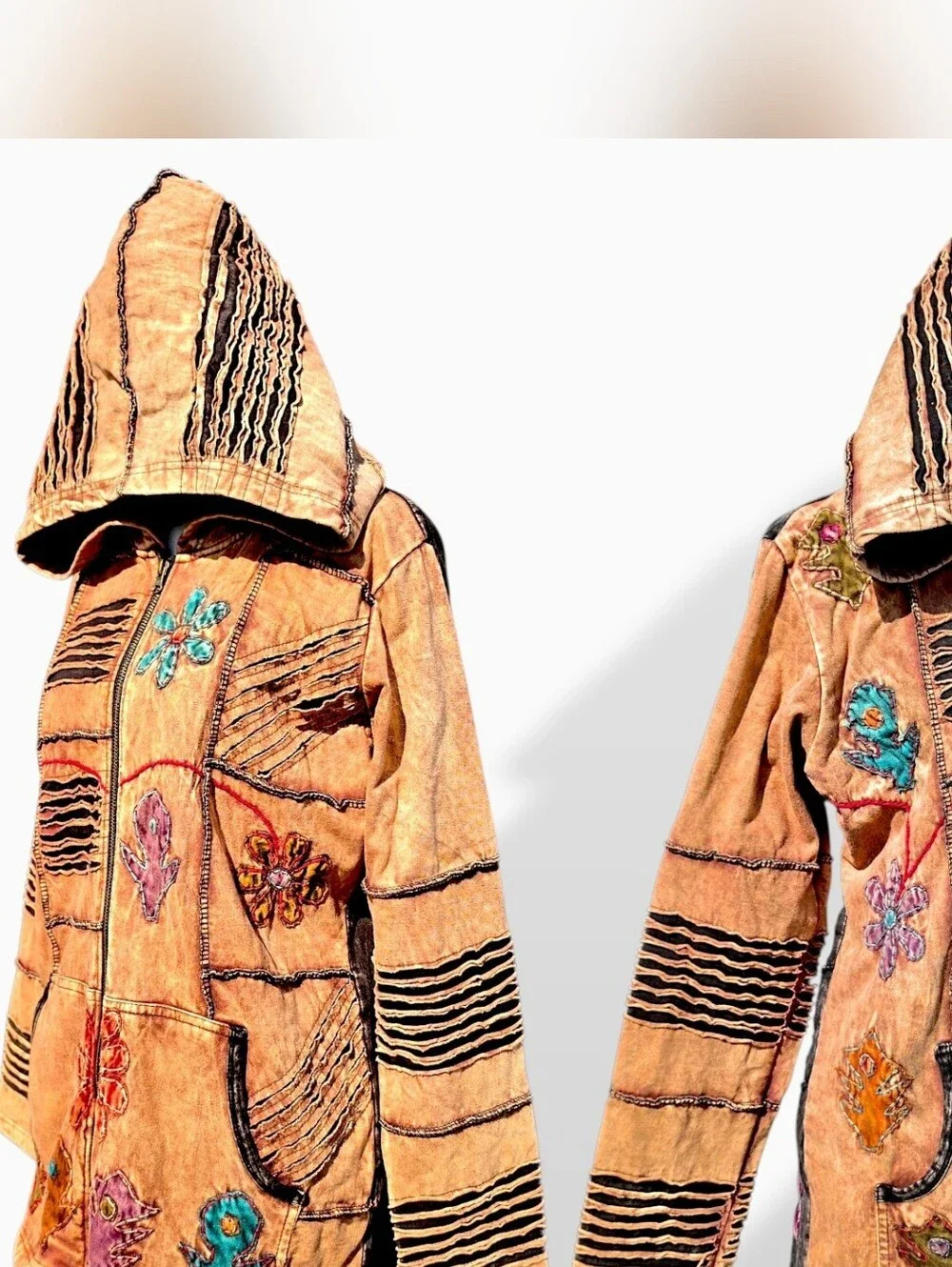 Rising International Vintage Patchwork Boho Floral Zip-Up Hooded Jacket XLarge
